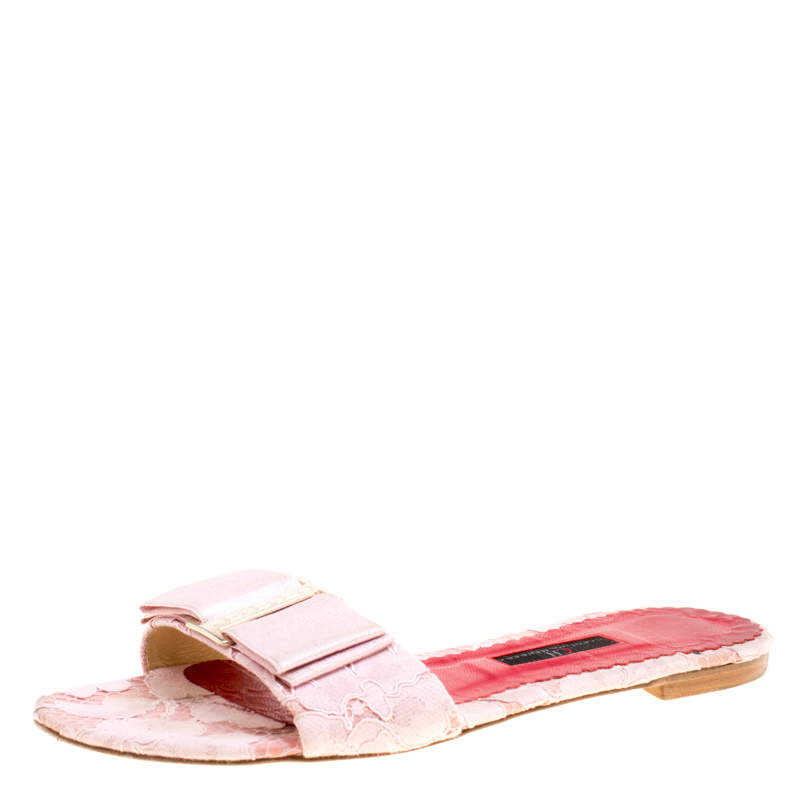 Carolina Herrera Pink Lace Bow Detail Flat Slides Size 39