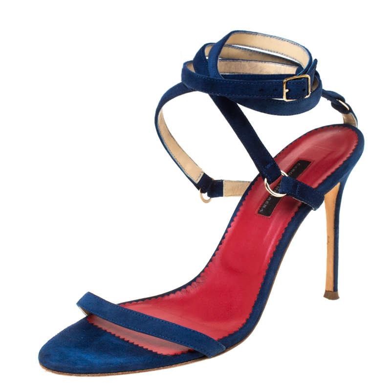 Pre Owned Carolina Herrera Navy Blue Strappy Suede Ankle Wrap Sandals Size 39