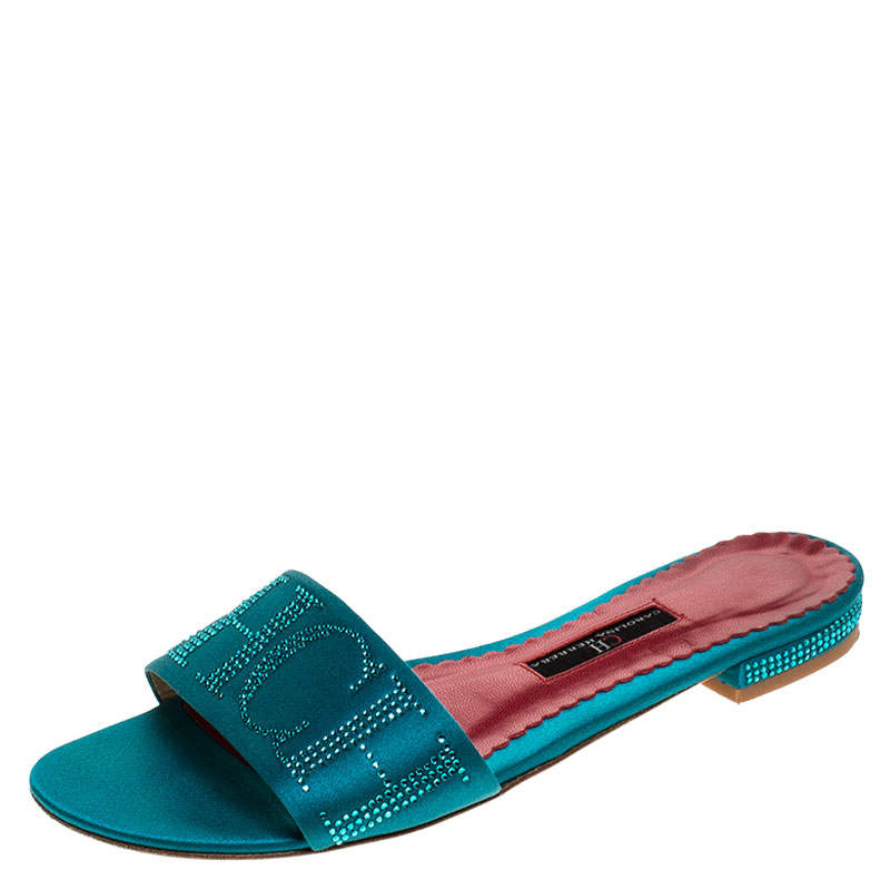  Carolina Herrera Teal Satin Logo Embellished Flat Slides Size 37