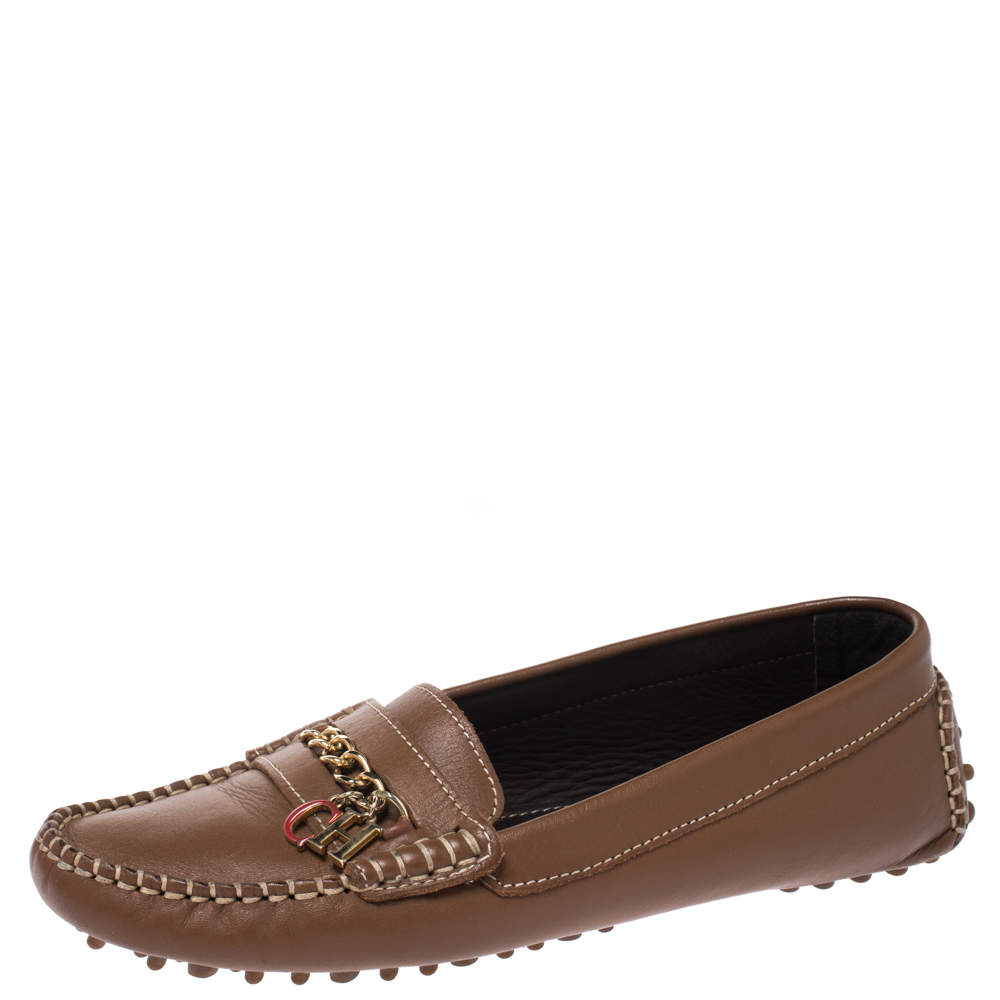 Carolina Herrera Brown Leather Chain Detail Loafers Size 37