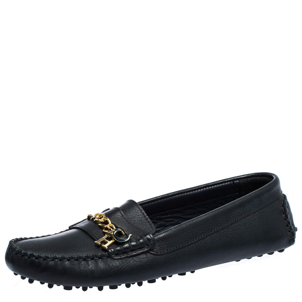 Pre Owned Carolina Herrera Navy Blue Leather Logo Chain Loafers Size 39