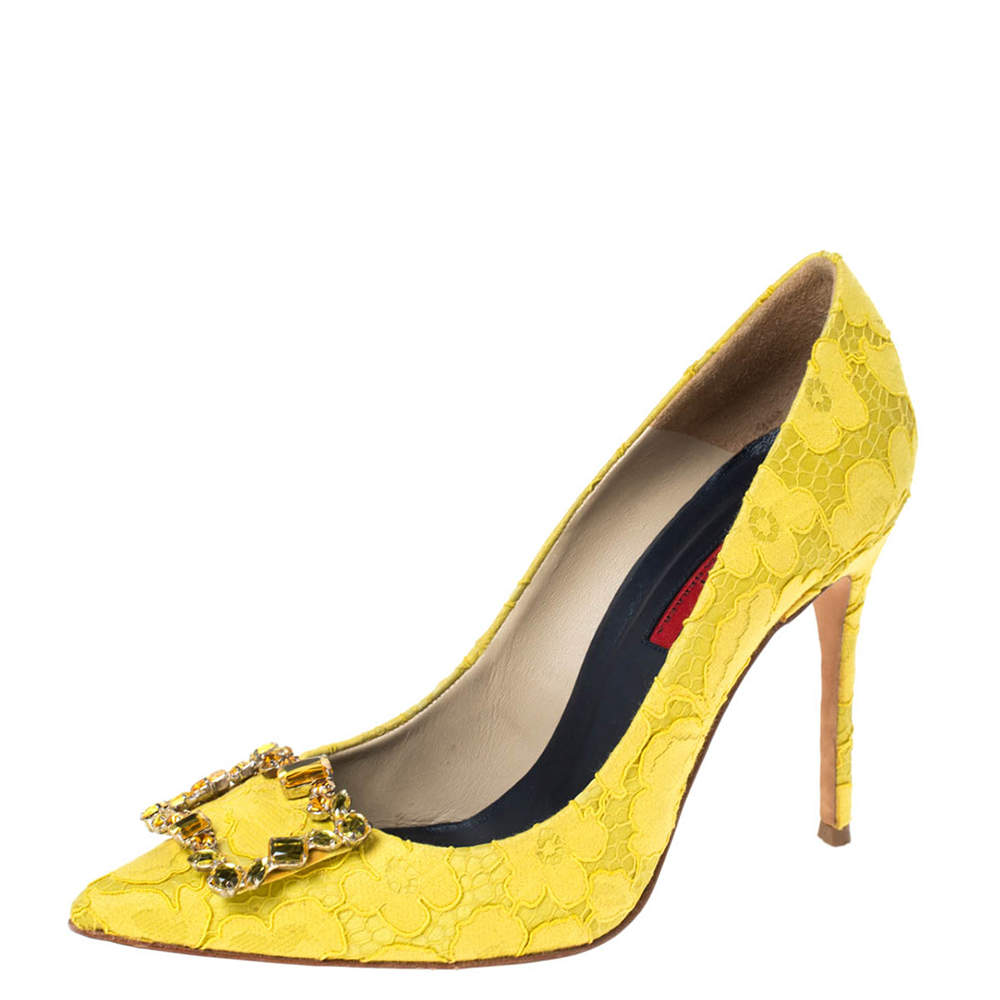 Tegne forsikring Monetære Fejlfri Carolina Herrera Yellow Lace And Satin Crystal Embellished Pointed Toe  Pumps Size 40 Carolina Herrera | TLC