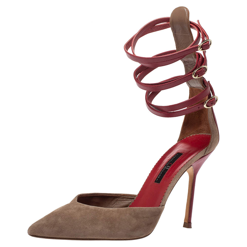 Pre Owned  Carolina Herrera Beige Suede And Red Leather Strappy Pointed Toe Pumps Size 38