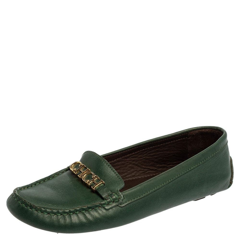 Pre Owned Carolina Herrera Green Leather Logo Detail Slip On Loafers Size 39