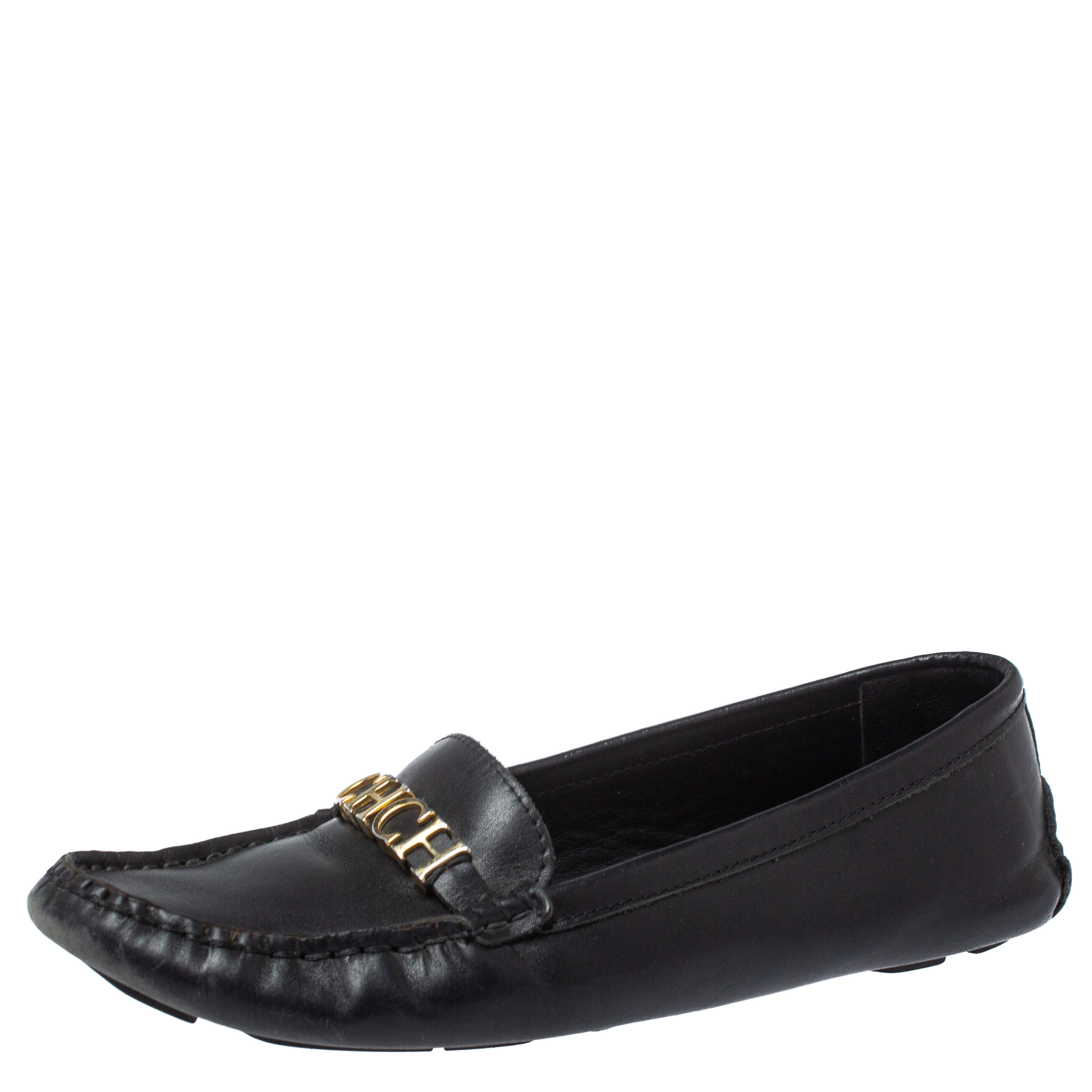Pre Owned Carolina Herrera Black Leather Logo Detail Slip On Loafers Size 37