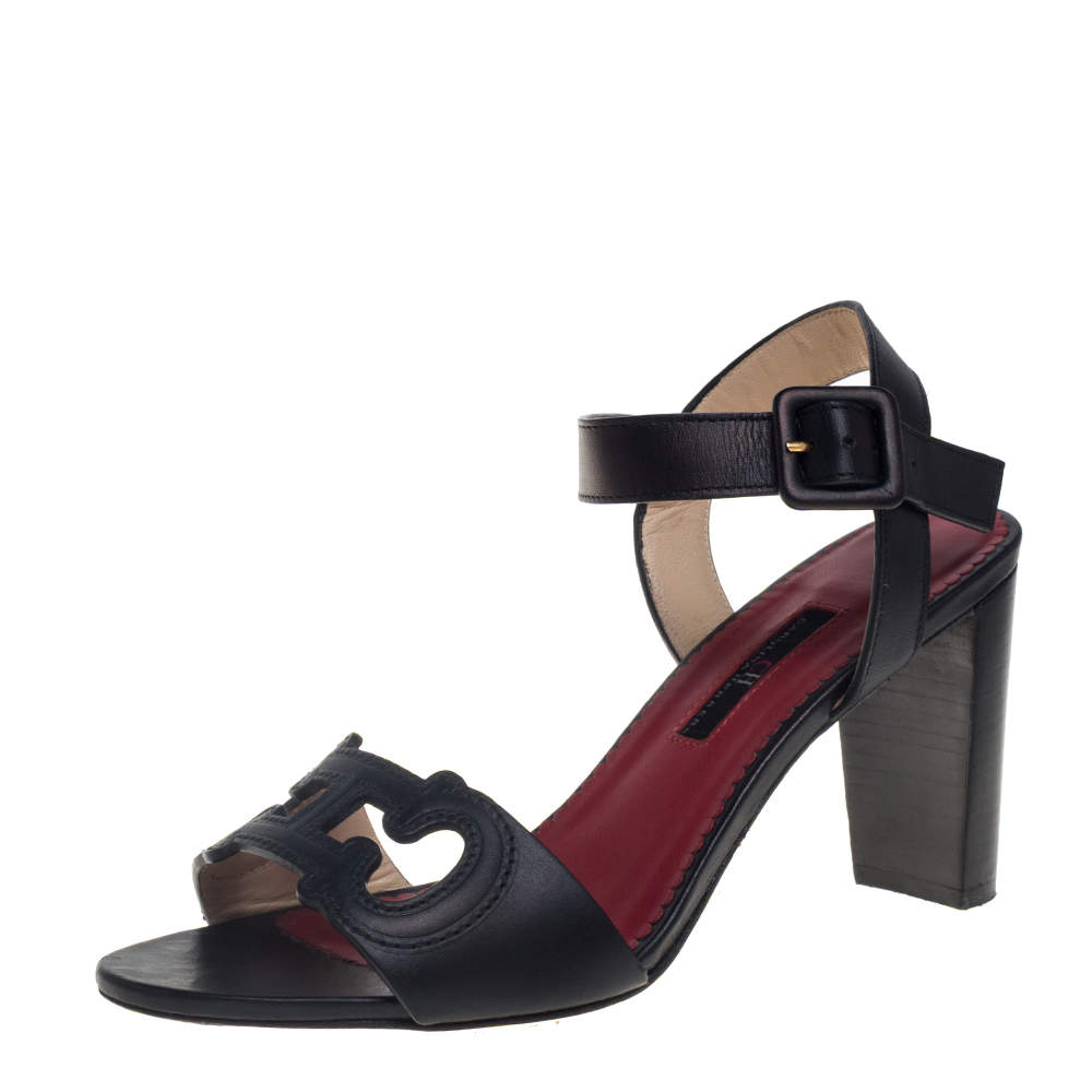 Carolina Herrera Black Leather Initials Cut Out Ankle Strap Sandals Size 38