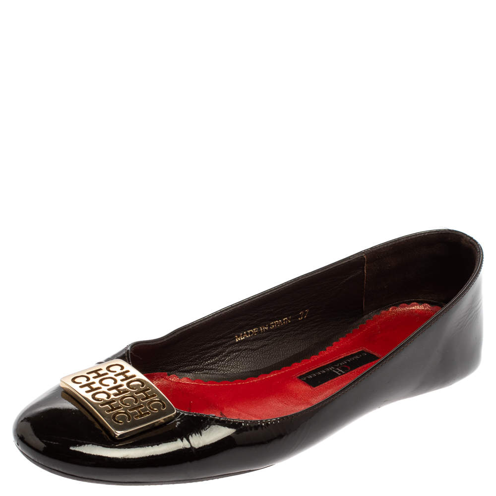 Pre Owned Carolina Herrera Black Patent Leather Embellished Ballet Flats Size 37