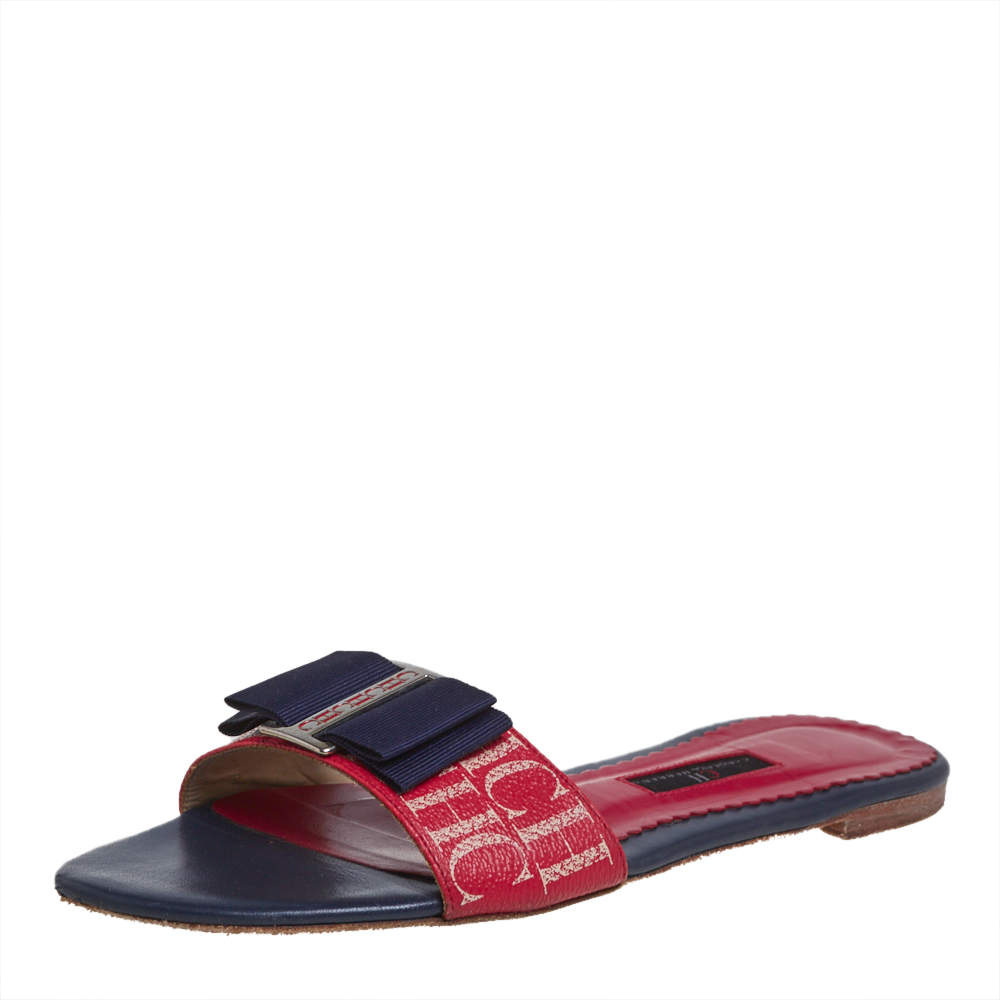 Pre Owned Carolina Herrera Blue/Red Leather Bow Flat Slides Size 39