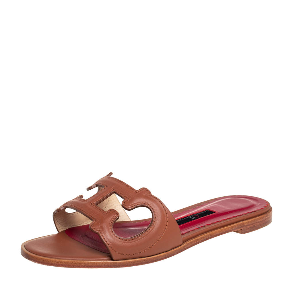 Carolina Herrera Brown Leather CH Insignia Cutout Slide Sandals Size 38