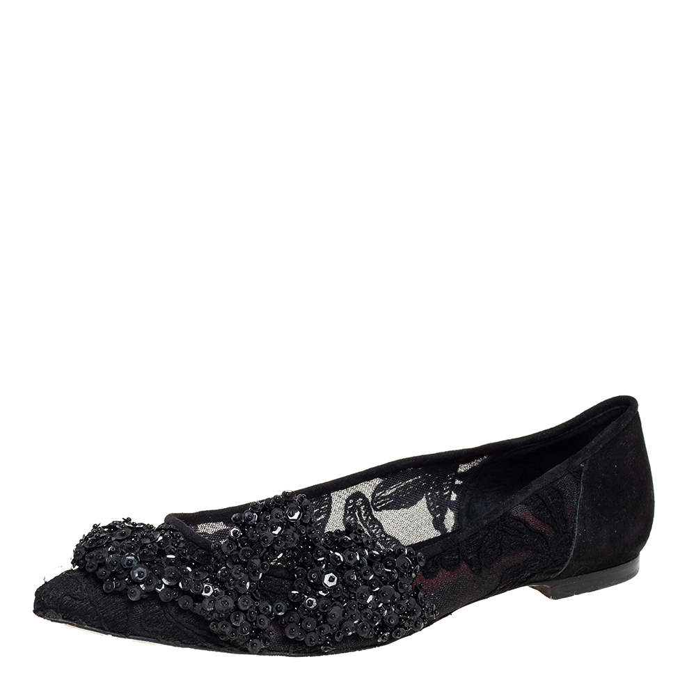 Pre Owned Carolina Herrera Black Lace And Suede Embellished Ballet Flats Size 38
