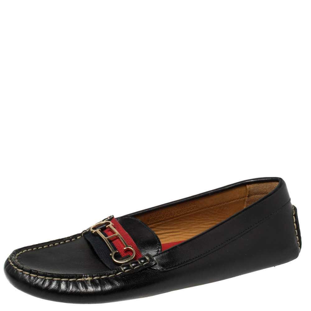 Pre Owned Carolina Herrera Black Leather Logo Detail Slip On Loafers Size 39
