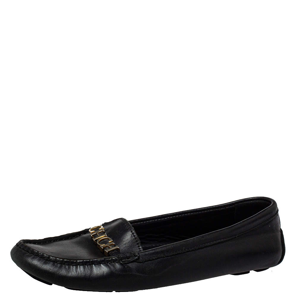 Pre Owned Carolina Herrera Black Leather Slip On Loafers Size 39