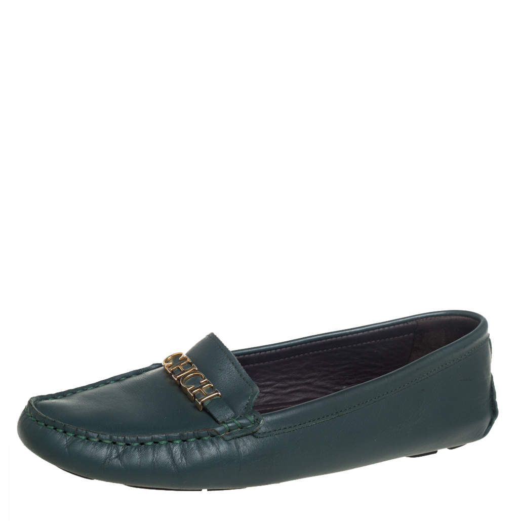 Pre Owned Carolina Herrera Green Leather Logo Detail Slip On Loafers Size 41