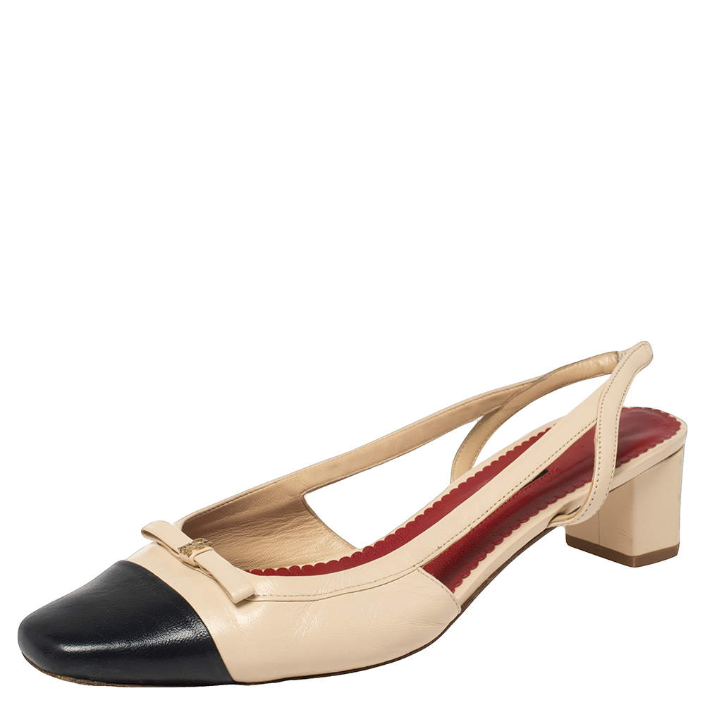 Carolina Herrera Beige/Navy Blue Leather Bow Square Toe Slingback Sandals Size 39