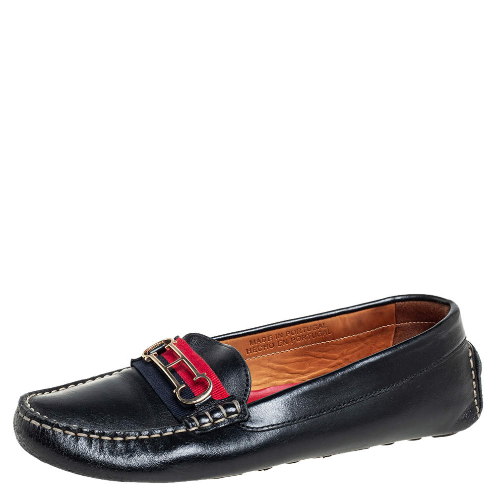 Pre Owned Carolina Herrera Black Leather Initials Cut-Out Slip On Loafers Size 38