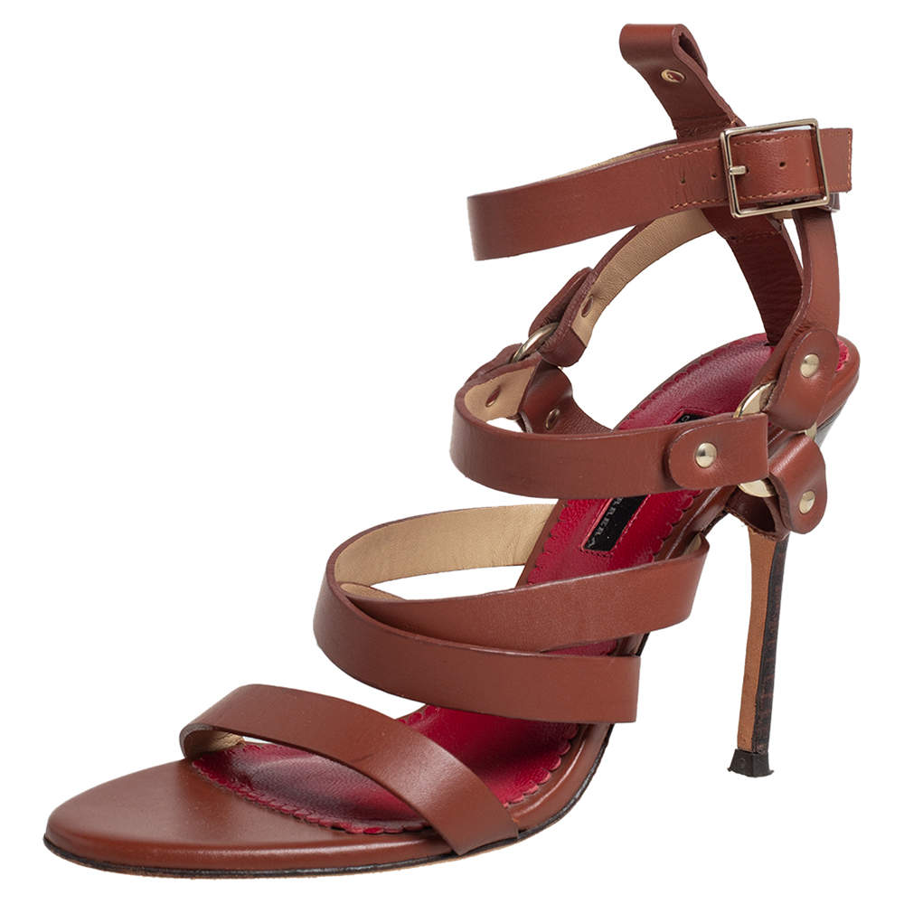 Caroline Herrera Brown Leather Ankle Strap Sandals Size 37
