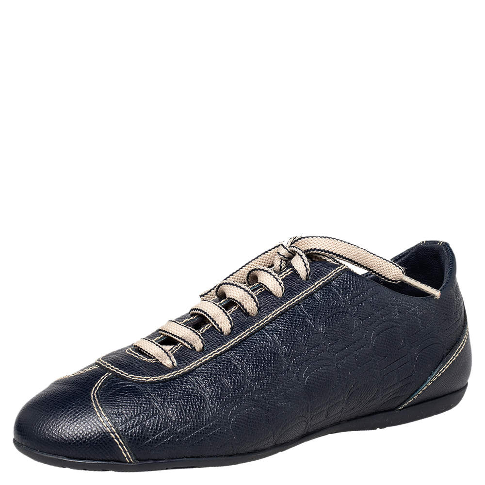 CH Carolina Herrera Blue Monogram Embossed Leather Low Top Sneakers Size 37