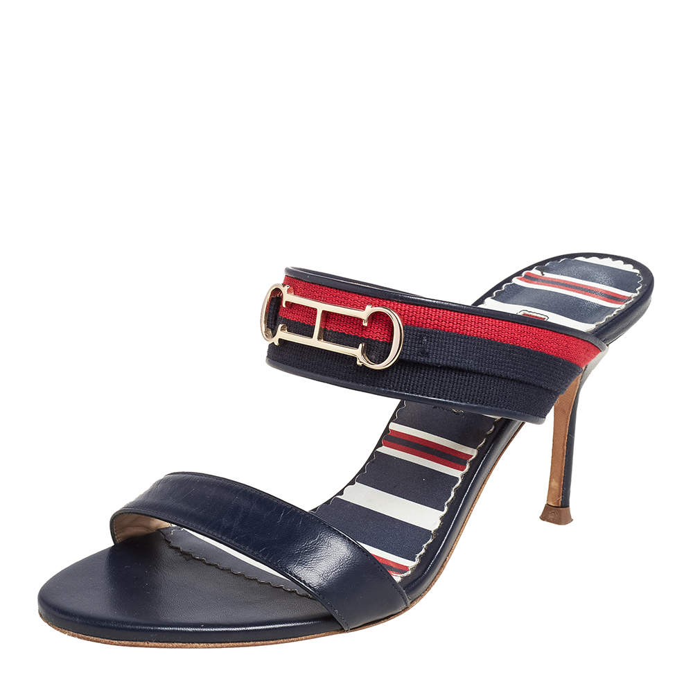 Pre Owned Carolina Herrera Navy Blue/Red Leather and Fabric CH Logo Slide Sandals Size 37
