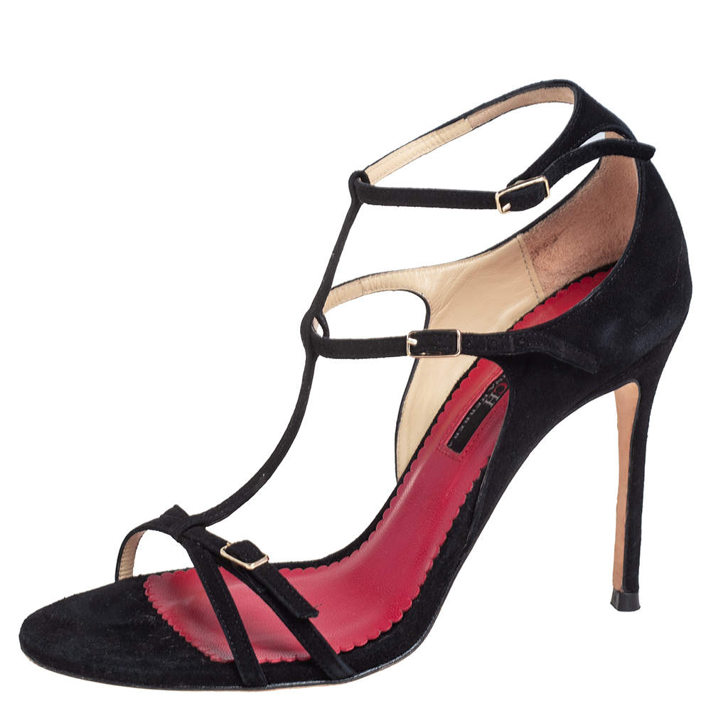 Carolina Herrera Black Suede T Strappy Open Toe Sandals Size 38