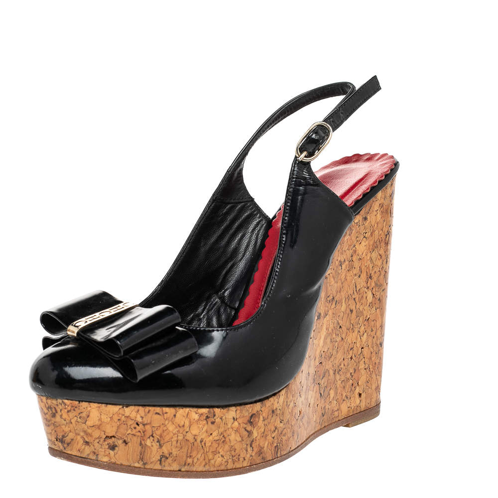 Pre Owned CH Carolina Herrera Black Patent Leather Cork Wedge Platform Slingback Sandals Size 35