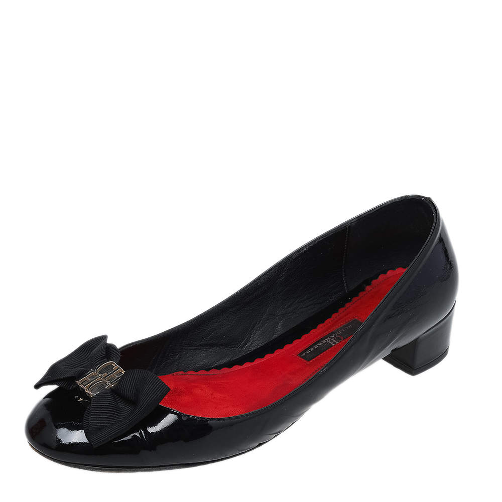 Carolina Herrera Black Patent Leather Bow Block Heel Pumps Size 41