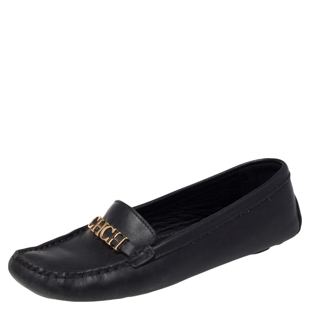 Pre Owned Carolina Herrera Black Leather Logo Detail Slip On Loafers Size 38