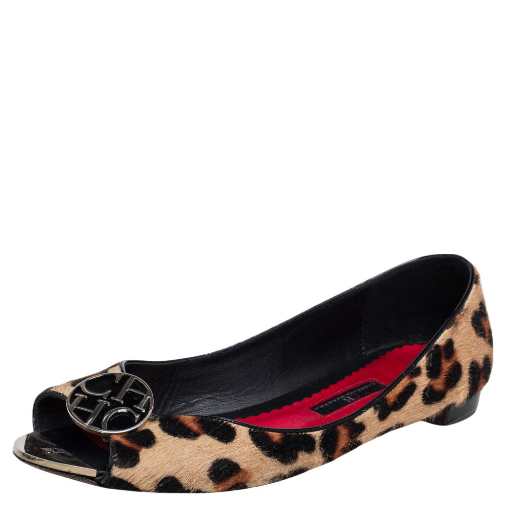 حذاء باليرينا فلات كارولينا هيريرا شعر عجل مطبوع نقشة الفهد بني مقدمة مفتوحة مقاس 40
