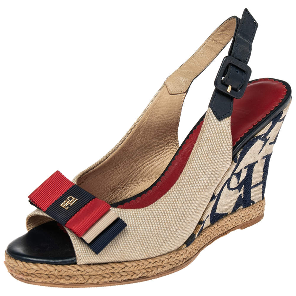 Pre Owned Carolina Herrera Beige Canvas Wedge Platform Espadrille Slingback Sandals Size 37