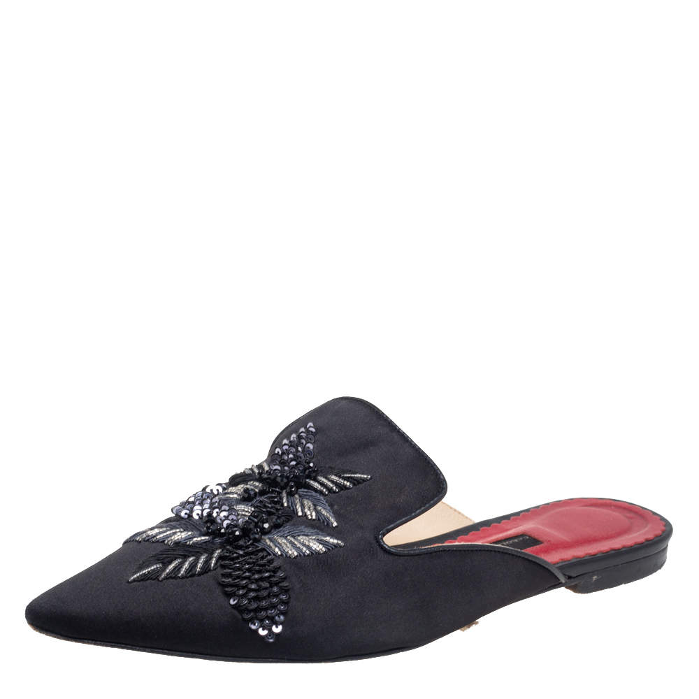 Pre Owned Carolina Herrera Black Satin  Embellished Mule Sandals Size 38