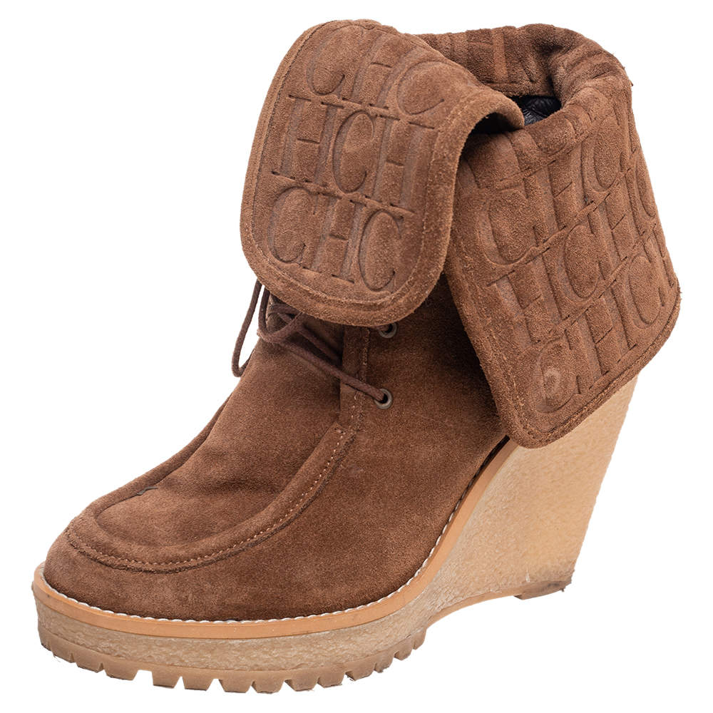 مملوكة مسبقًا Carolina Herrera Brown Suede Platform Wedge Mid Calf Lace Up Boots Size 37