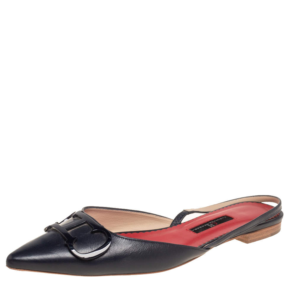 Pre Owned Carolina Herrera Dark Blue Leather Logo Flat Slingback Flat Size 38