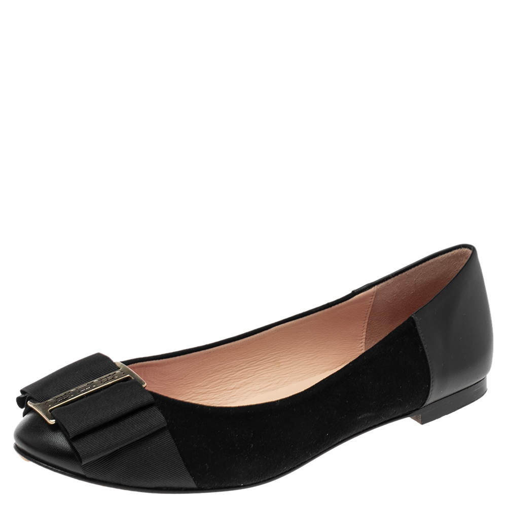 Pre Owned Carolina Herrera Black Suede And Leather Bow Ballet Flats Size 37