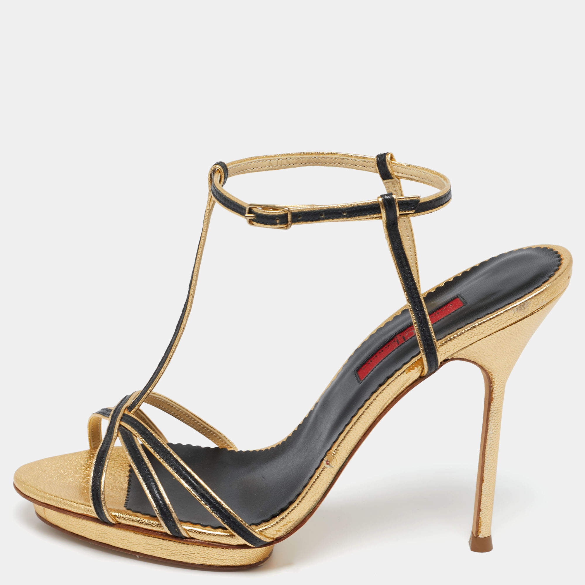 Pre Owned CH Carolina Herrera Gold/Black Leather T-Strap Sandals Size 38