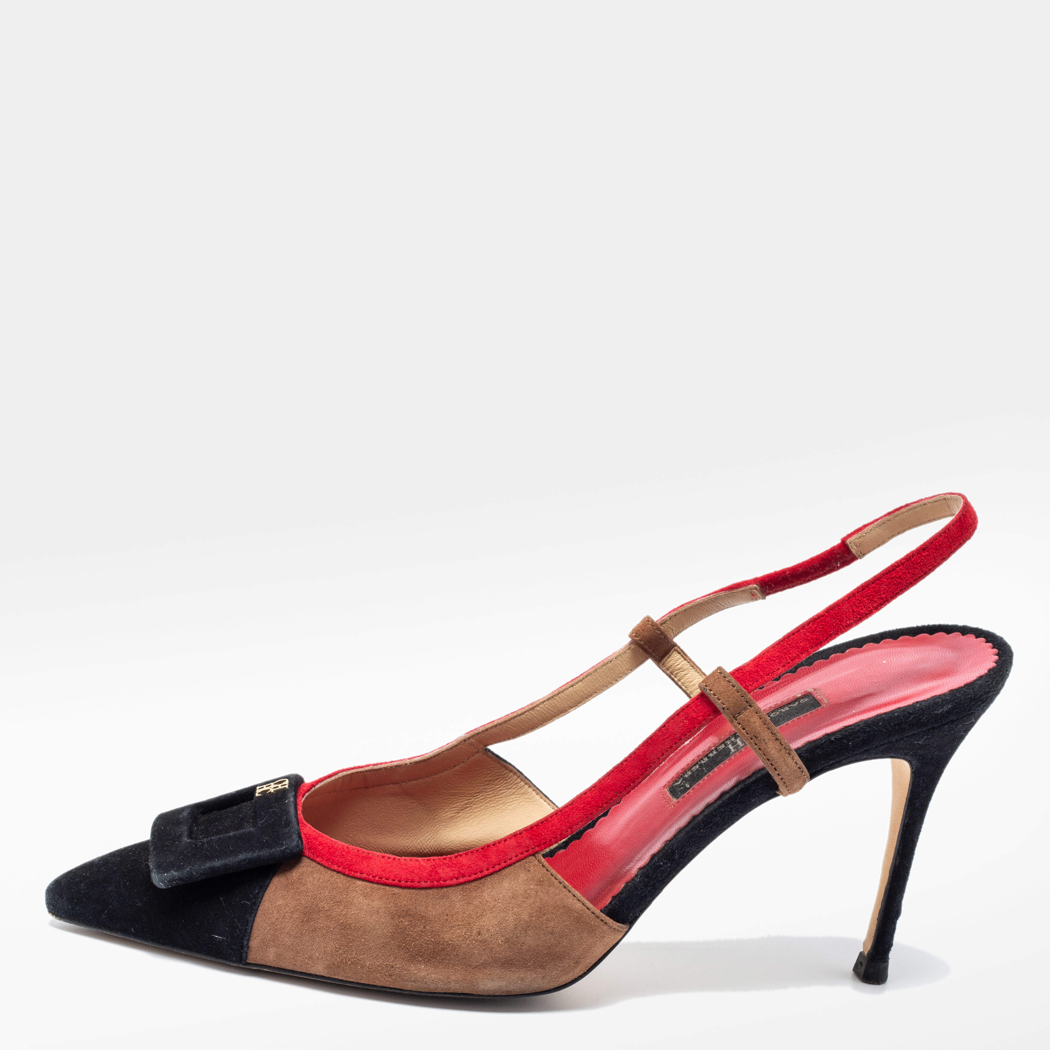 Pre Owned CH Carolina Herrera Black Multicolor Suede Slingback Sandals Size 40