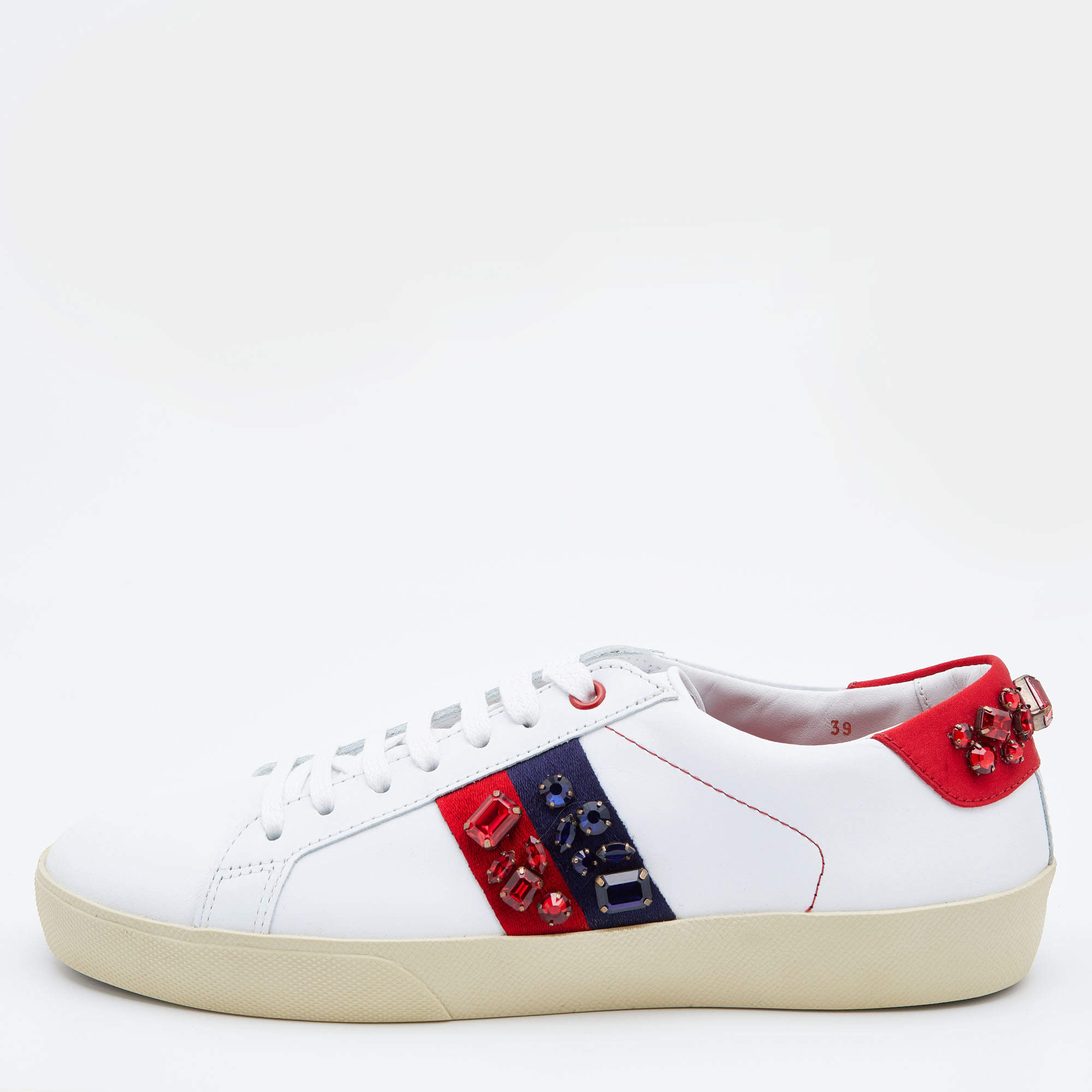 Pre Owned Carolina Herrera White Leather Crystal Embellished Low Top Sneakers Size 39