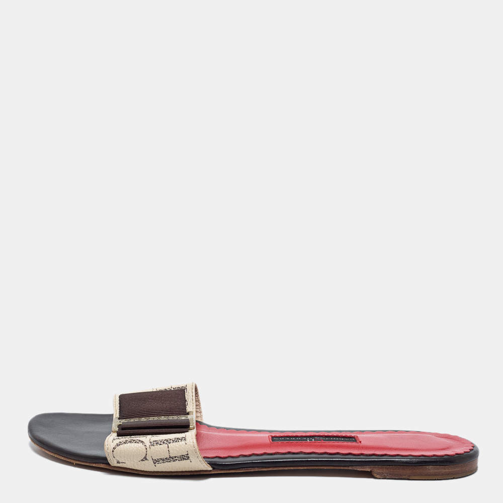 Carolina White/Brown Canvas Herrera Flat Slides Size 37