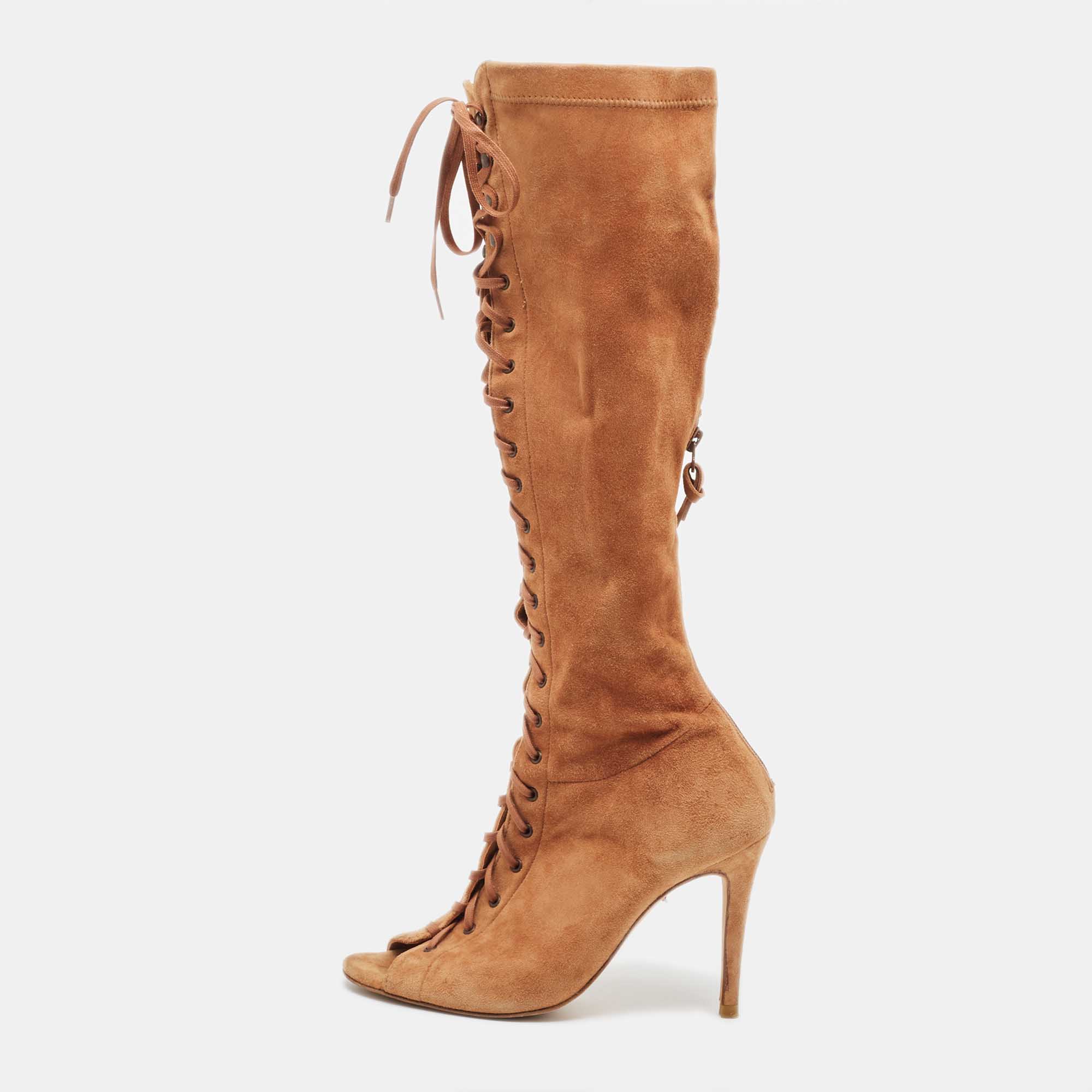 Carolina Herrera Tan Suede Lace Up Peep Toe Mid Calf Boots Size 38