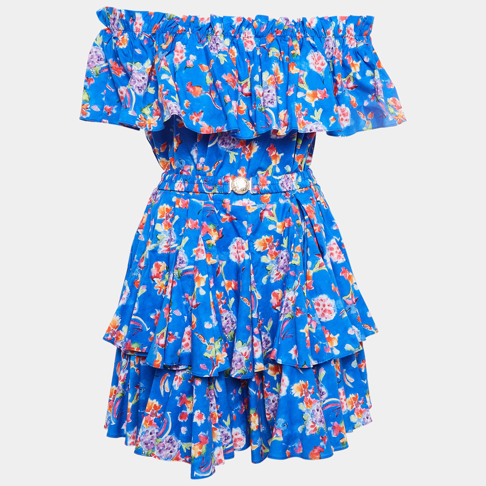 Caroline Constas Blue Printed Cotton Blend Ruffled Mini Dress M