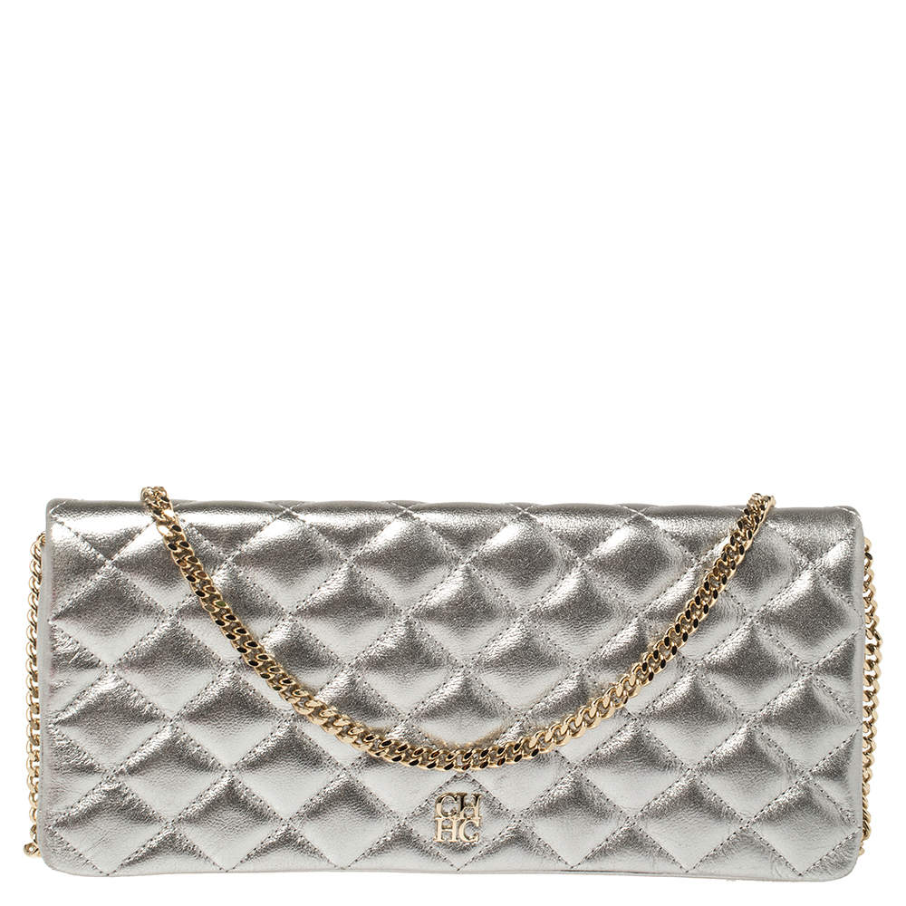 Pre Owned Carolina Herrera Metallic Silver Quilted Leather Chain Clutch