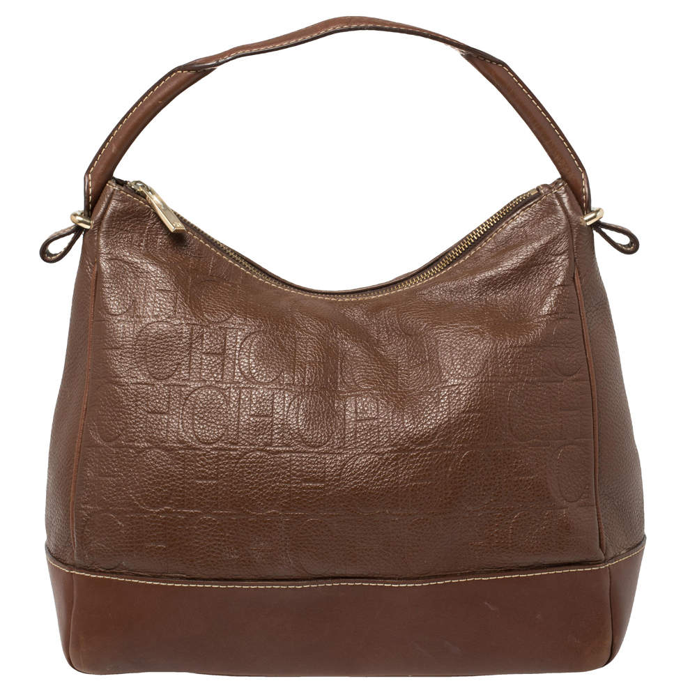 Pre Owned Carolina Herrera Brown Monogram Embossed Leather Hobo