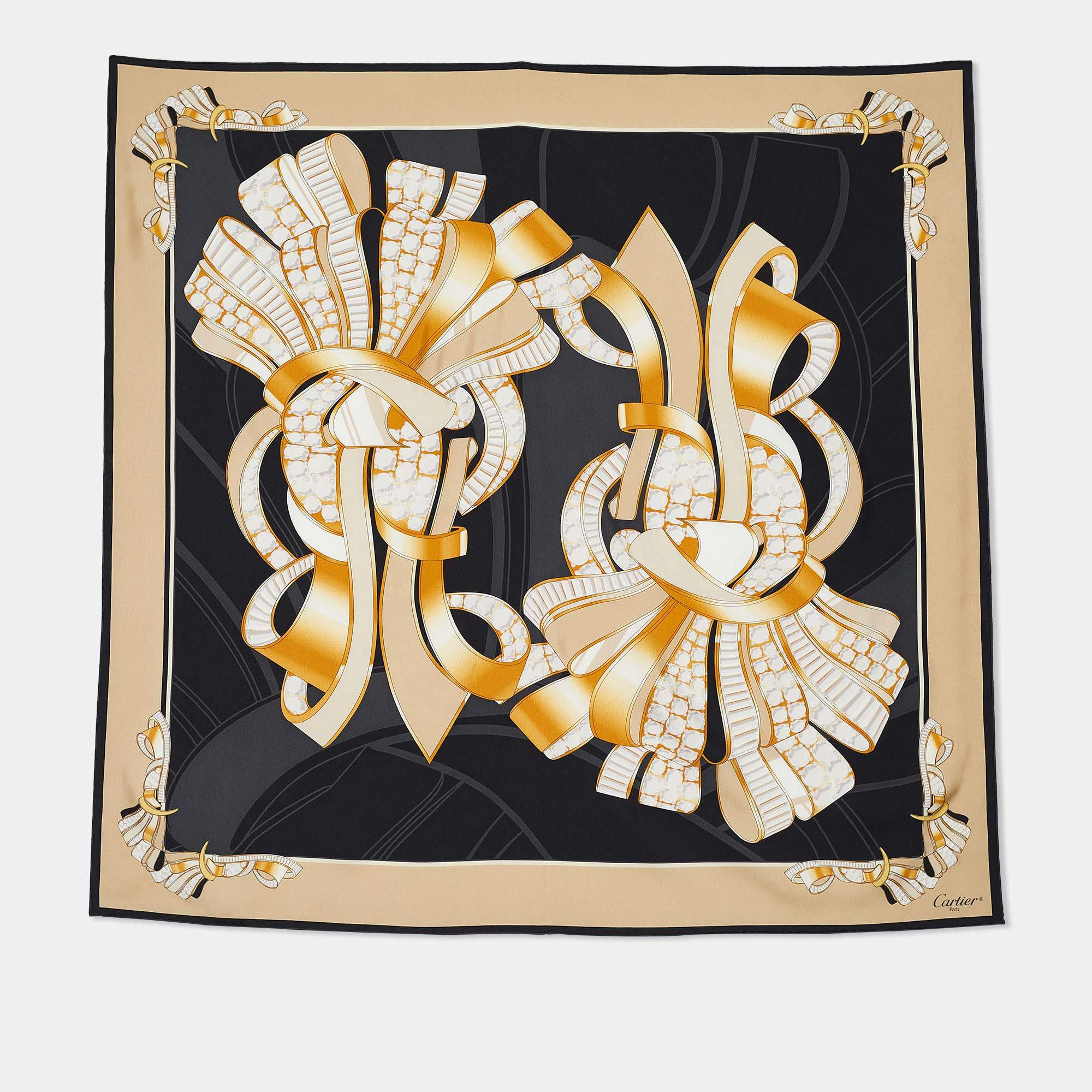 Pre Owned Cartier Beige & Black Printed Silk Square Scarf 