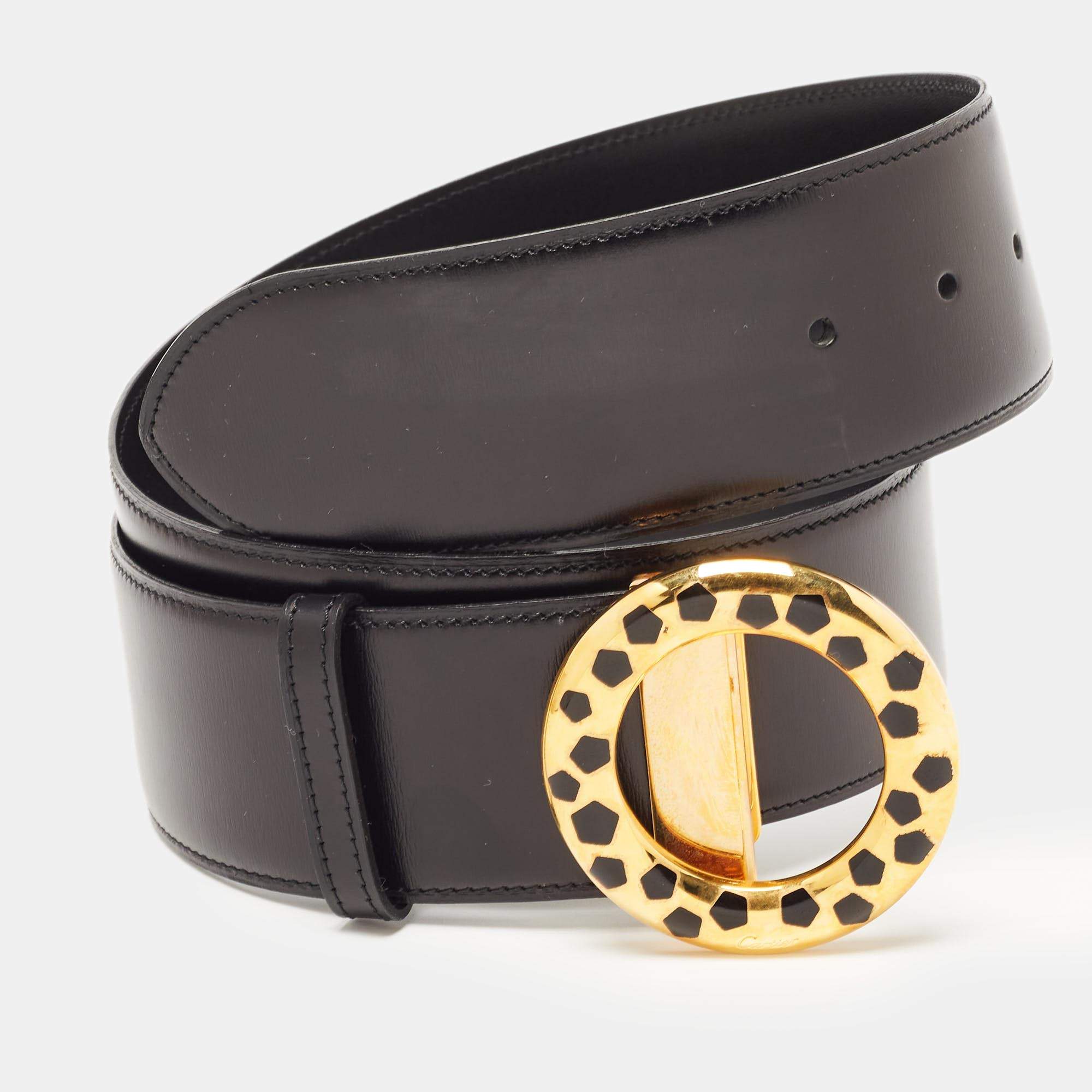 Pre Owned Cartier Black Leather Panthere Round Buckle Belt