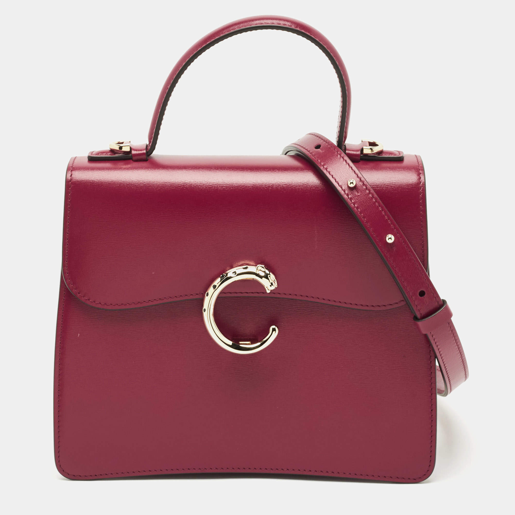 Pre Owned Cartier Burgundy Leather Small Panthere C De Cartier Top Handle Bag