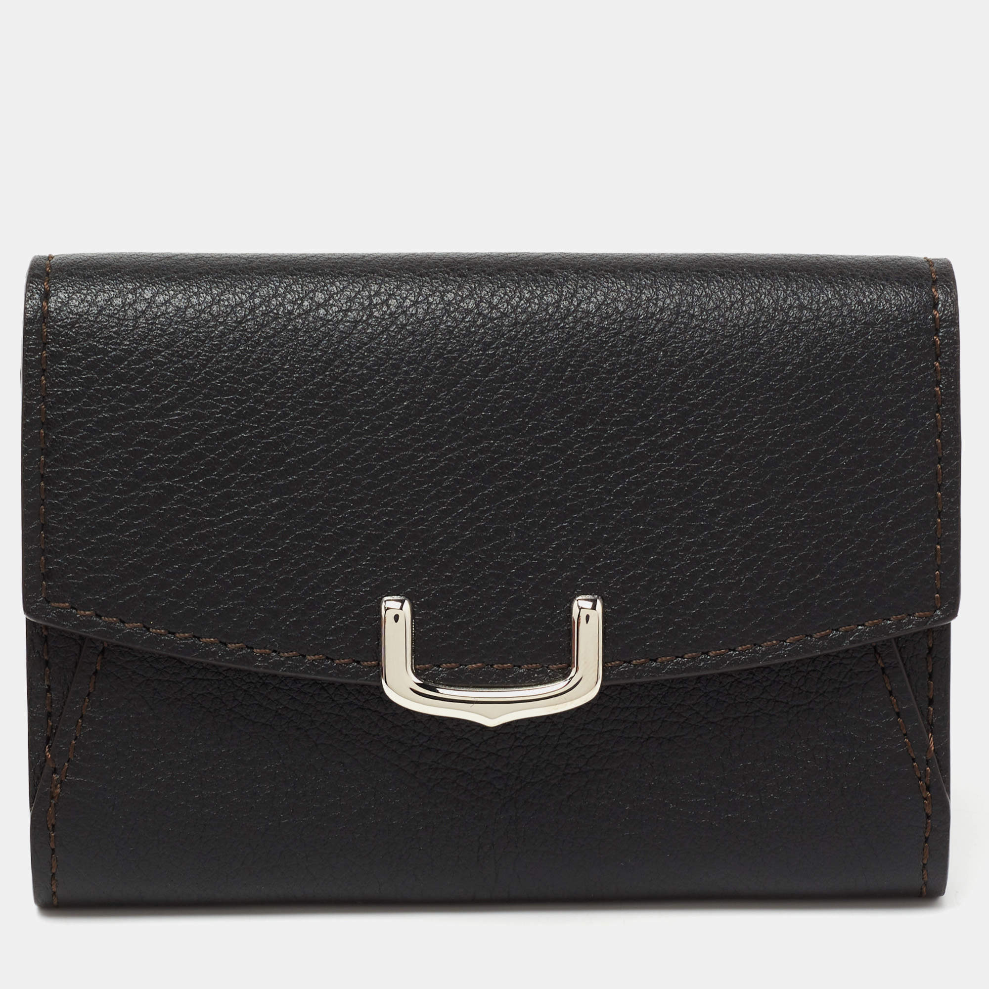 Pre Owned Cartier Black Leather C De Cartier Compact Wallet