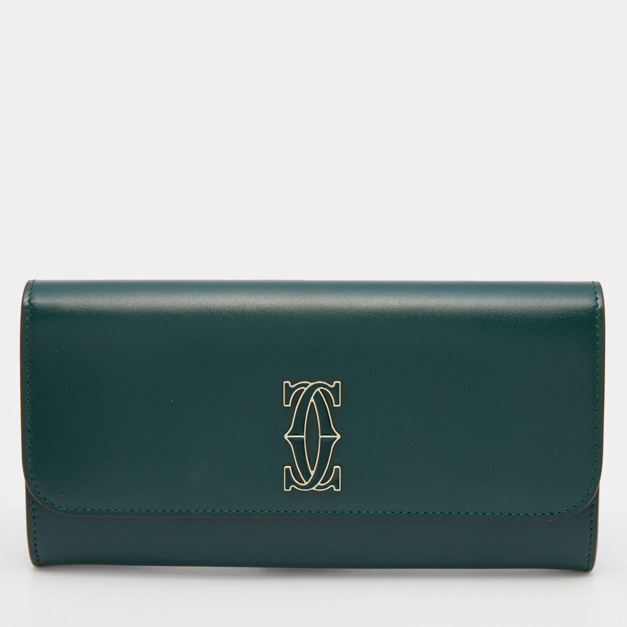 Pre Owned Cartier Green Leather Double C de Cartier Flap International Continental Wallet