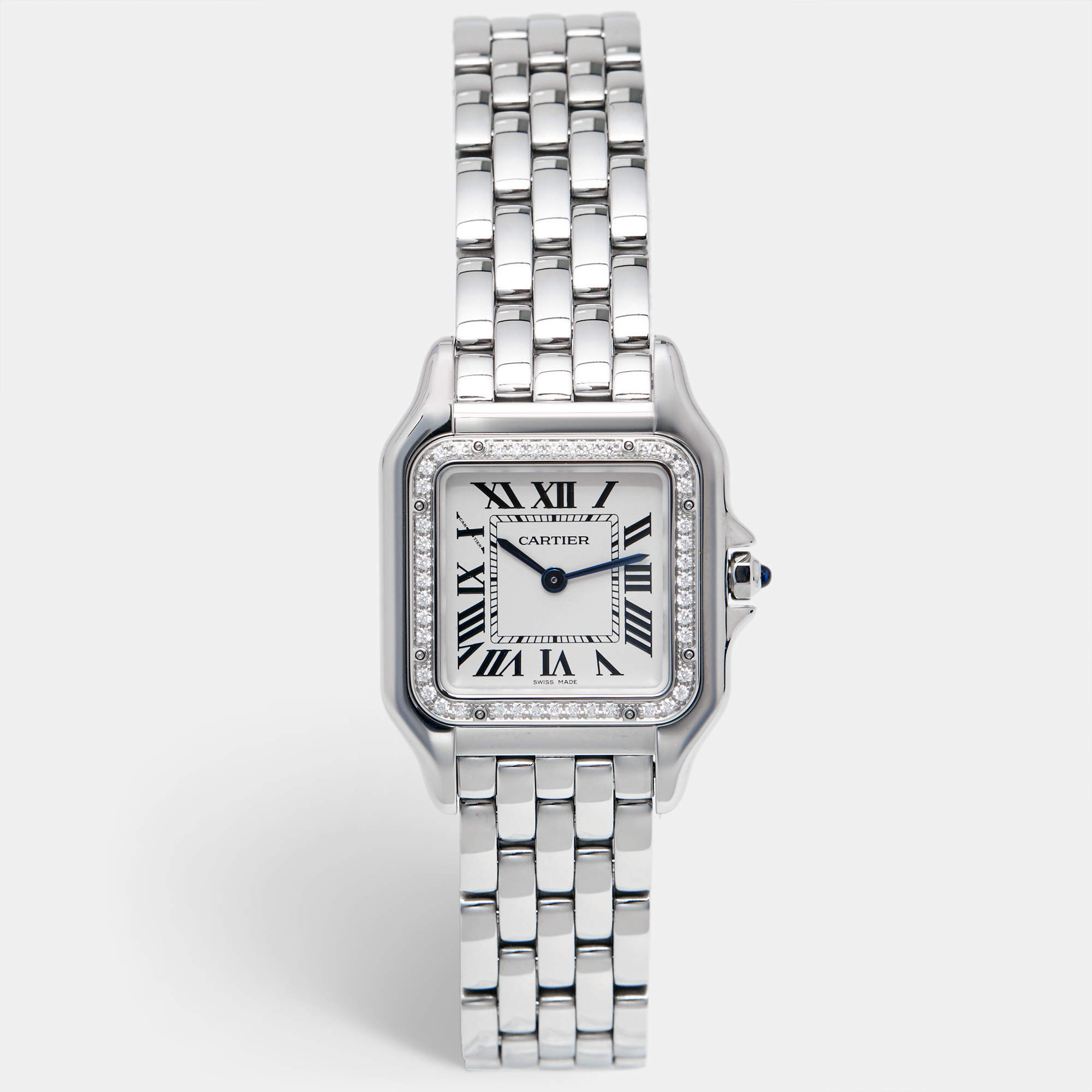 Pre Owned Cartier Silver Stainless Steel Diamond Panthere De Cartier W4PN0008 Women's Wristwatch 29 mm
