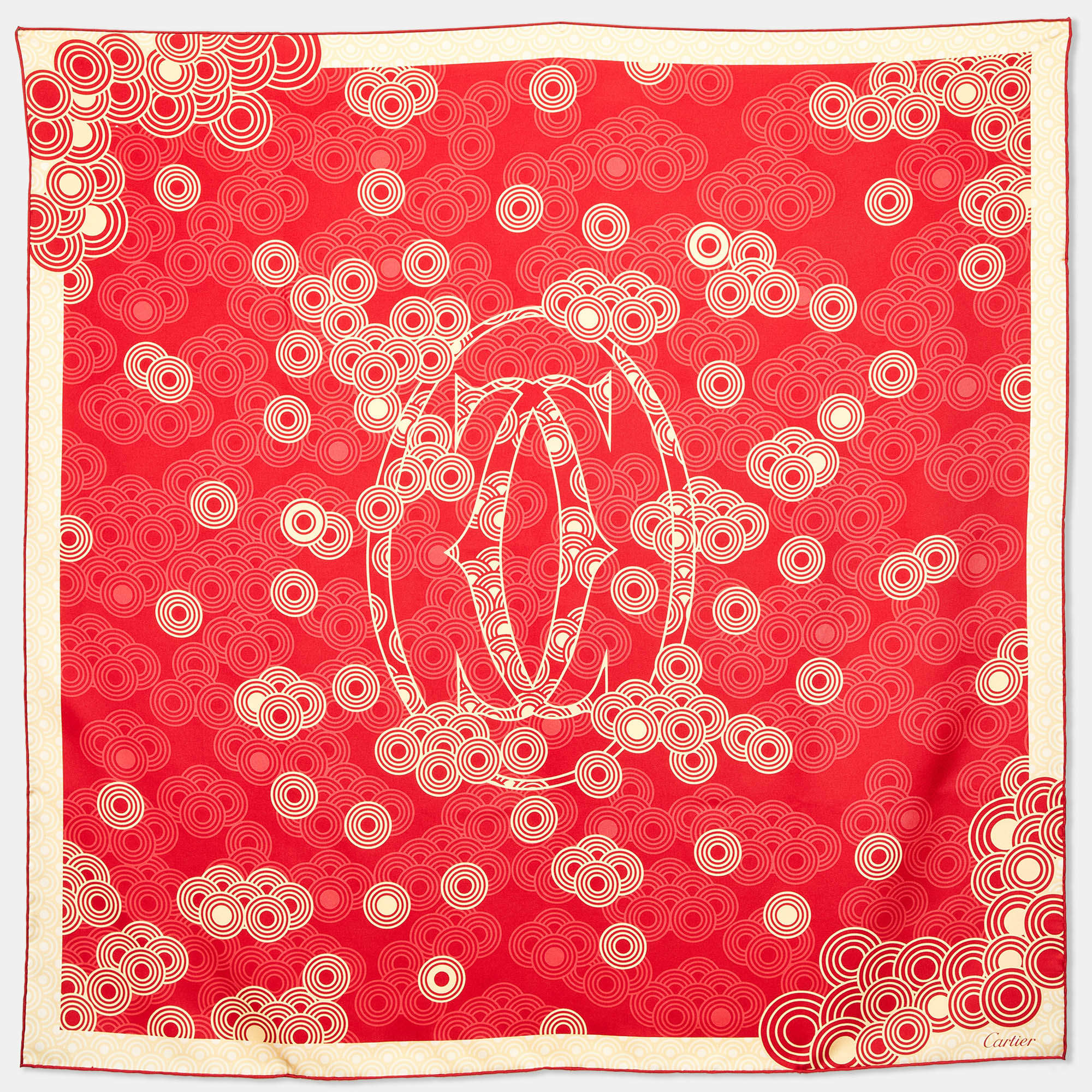 Pre Owned Cartier Red/Yellow Circle Print Silk Square Scarf