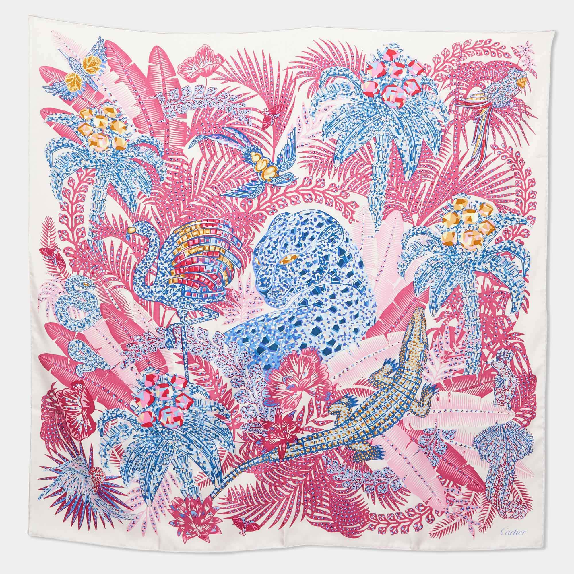 Pre Owned Cartier Pink Panther Jungle Motif Print Silk Scarf