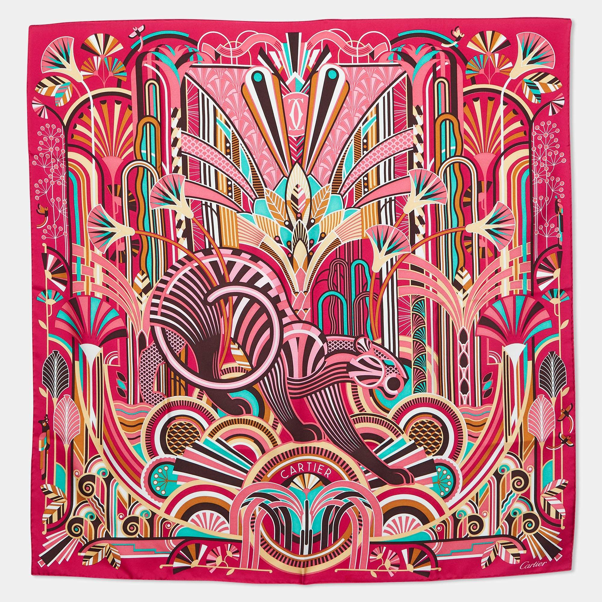 Pre Owned Cartier Pink Panthère Art Déco Print Silk Scarf