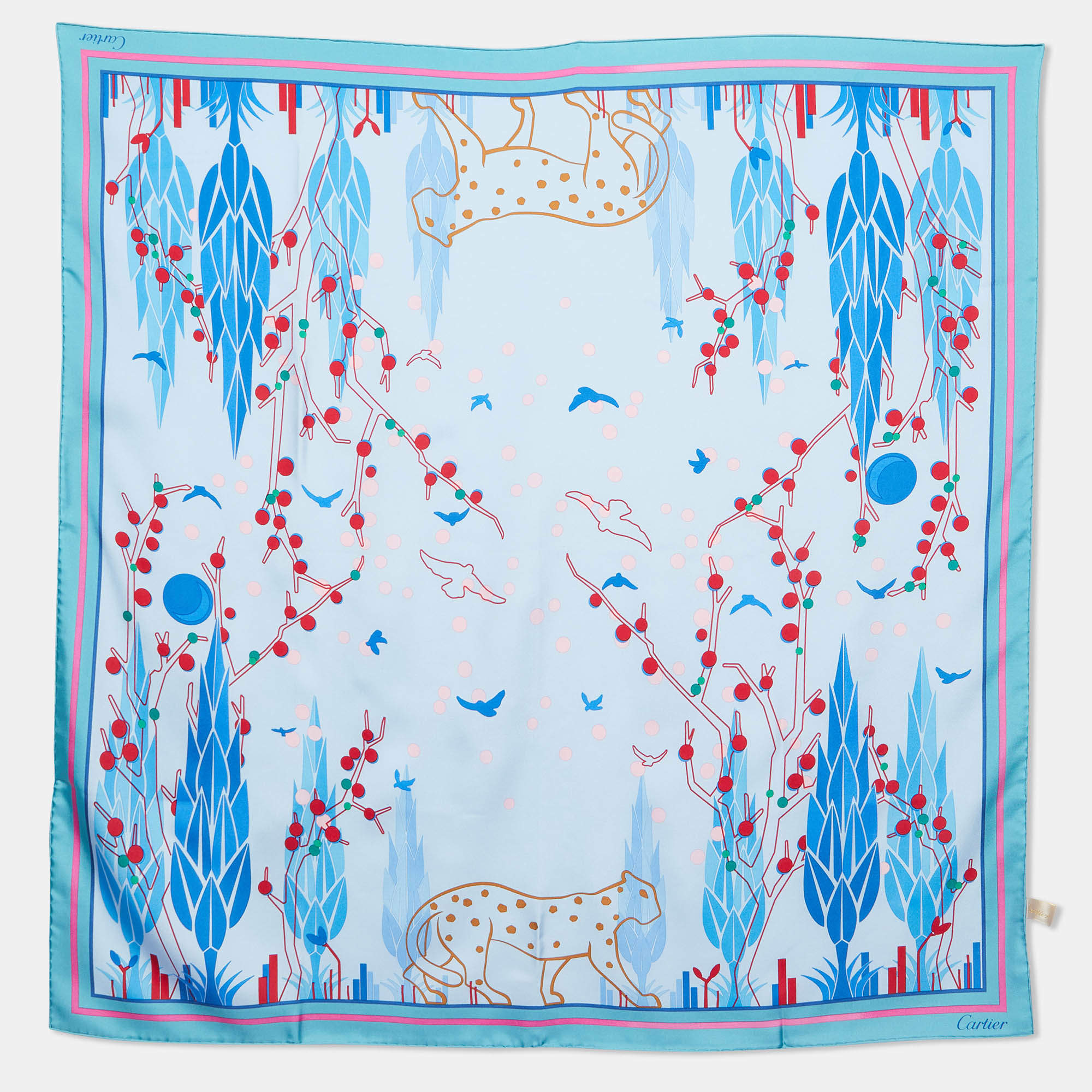 Pre Owned Cartier Blue Panther Garden Print Silk Square Scarf